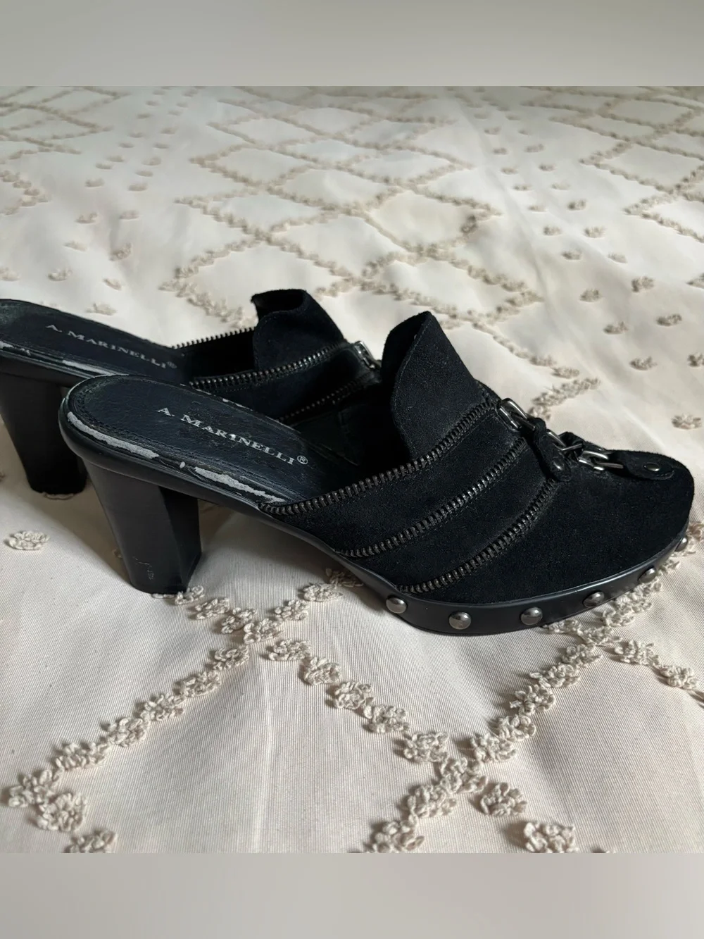A. Marinelli Black Suede Zipper Clog Mules Edgy Studded Platform Heels Size 8M